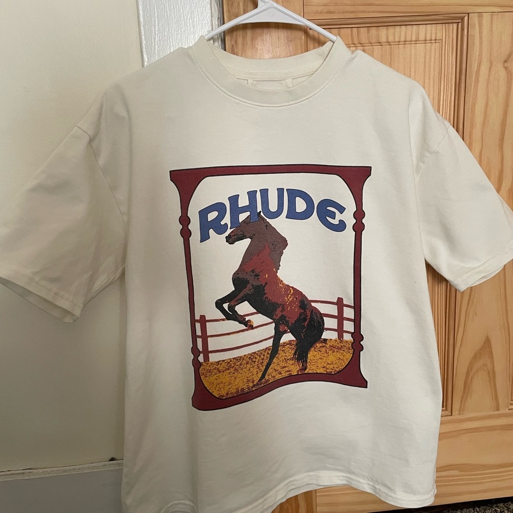 Rhude Cream Graphic Horse Tee with Maroon & Navy Print